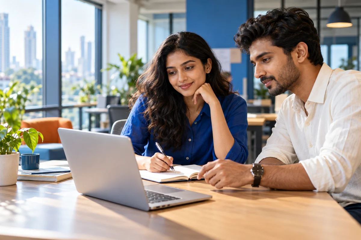 Two Indian professionals learning together at a laptop